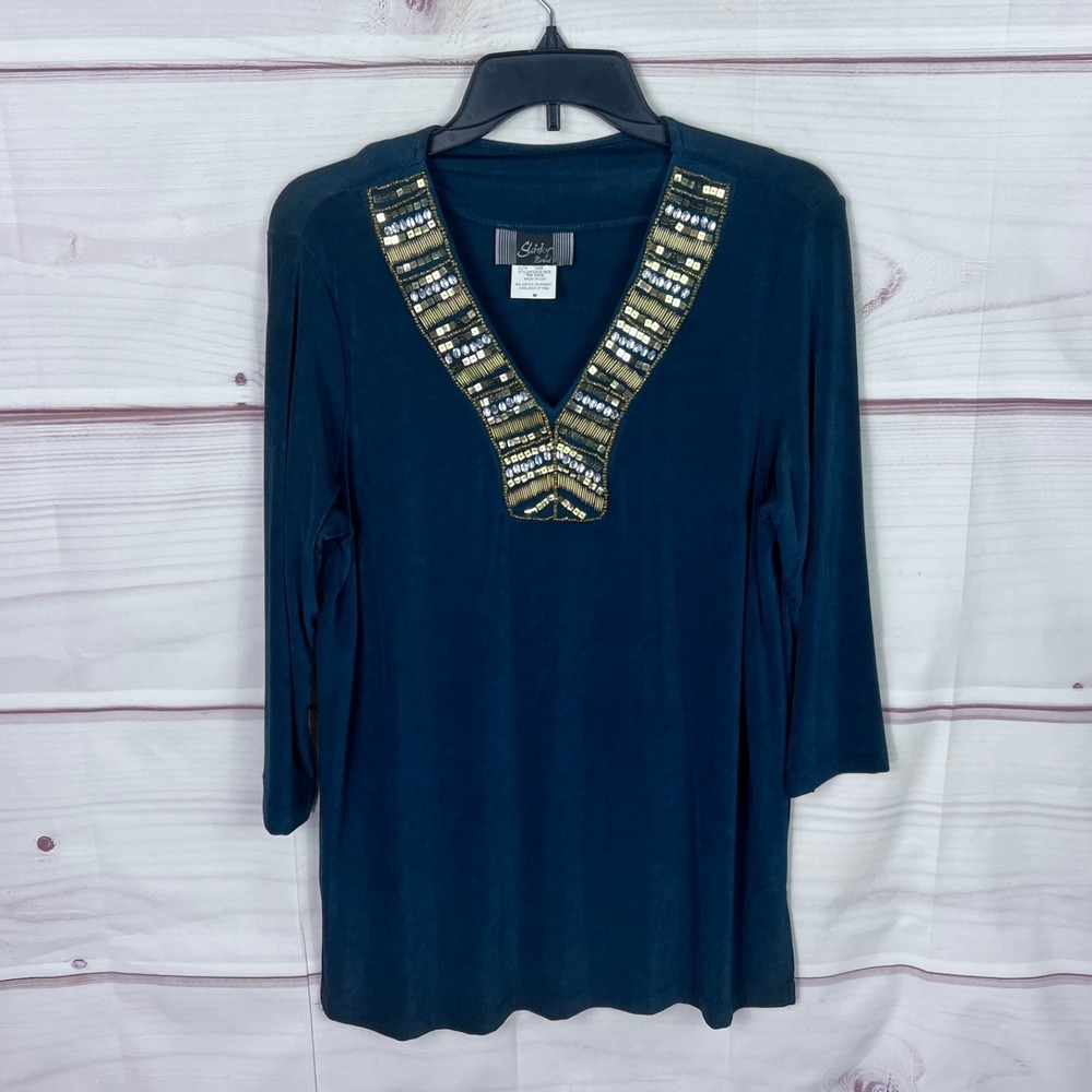 Slinky Brand Top Womens M Green 3/4 Sleeve Tunic Blouse Beaded‎ Sequins Pullover